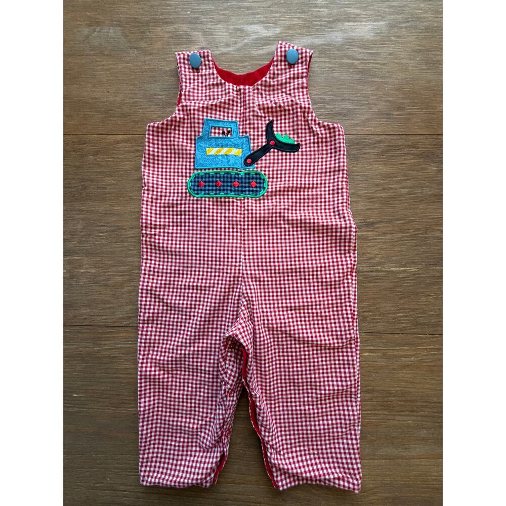 Mulberry Street Reversible Christmas Romper Red Gingham Construction Santa 24M